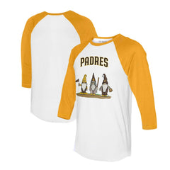 San Diego Padres Tiny Turnip Unisex Gnomes 3/4-Sleeve Raglan T-Shirt - White/Gold - MLB Lifestyle