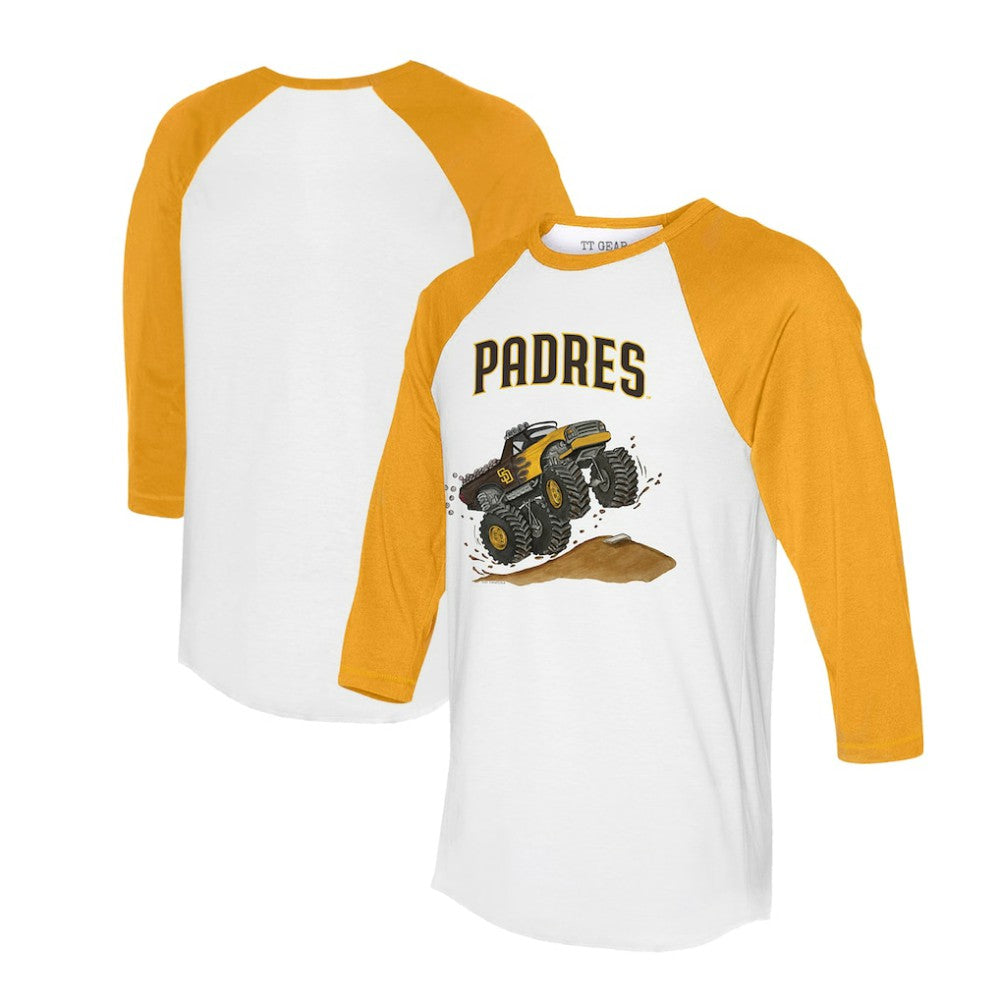 San Diego Padres Tiny Turnip Unisex Monster Truck 3/4-Sleeve Raglan T-Shirt - White/Gold - MLB on Sale