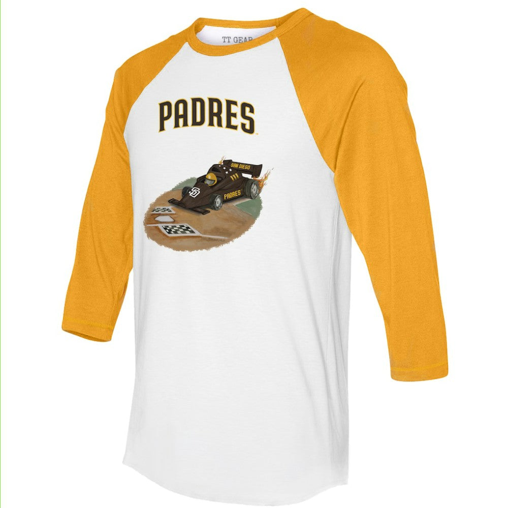San Diego Padres Tiny Turnip Unisex Race Car 3/4-Sleeve Raglan T-Shirt - White/Gold - MLB on Sale