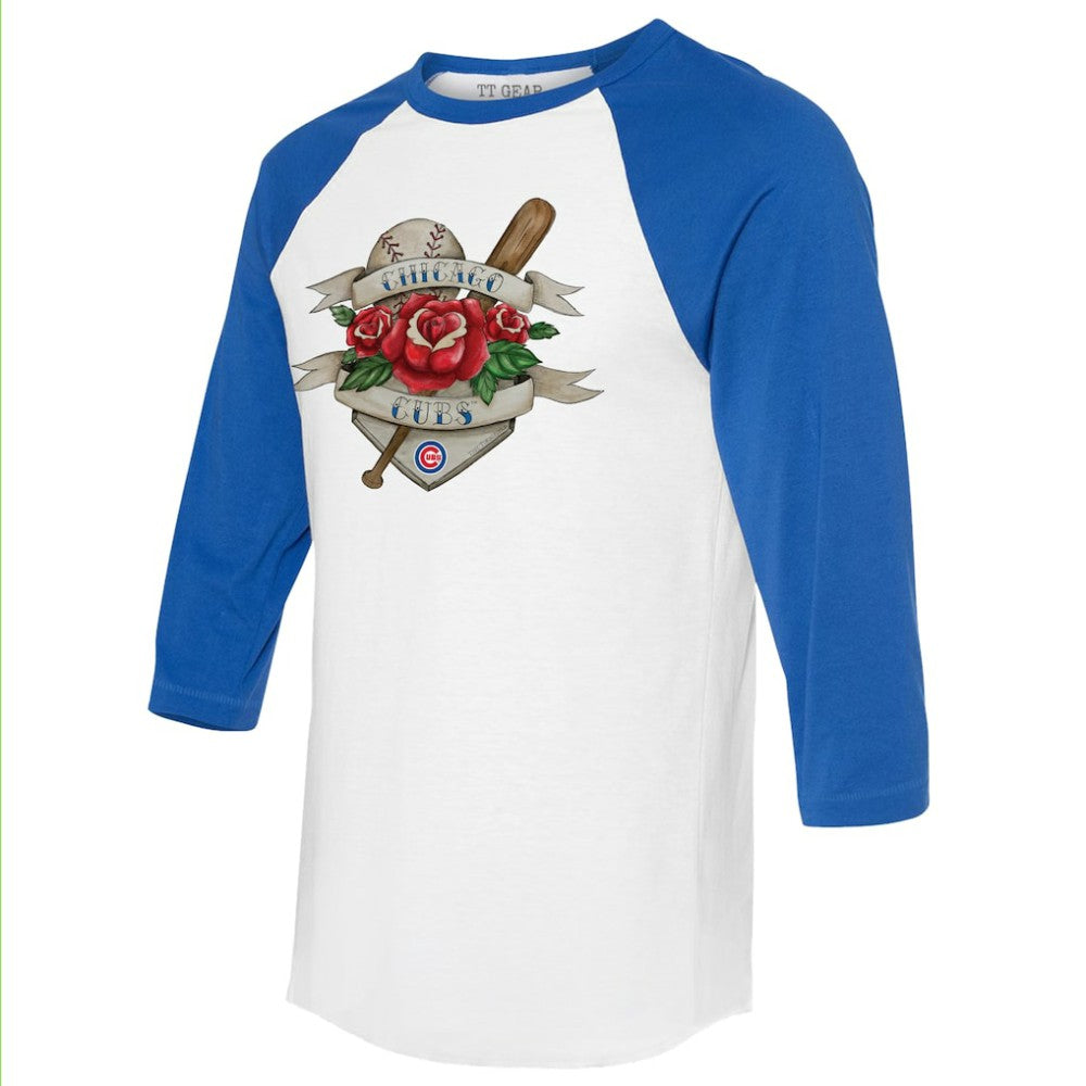 Chicago Cubs Tiny Turnip Unisex Tattoo Rose 3/4-Sleeve Raglan T-Shirt - White/Royal - MLB Sale