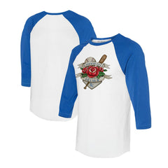 Kansas City Royals Tiny Turnip Unisex Tattoo Rose 3/4-Sleeve Raglan T-Shirt - White/Royal - MLB on Sale