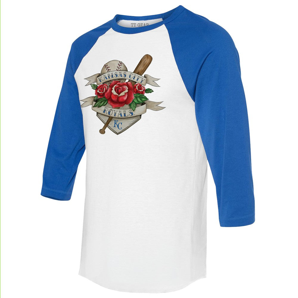 Kansas City Royals Tiny Turnip Unisex Tattoo Rose 3/4-Sleeve Raglan T-Shirt - White/Royal - MLB on Sale