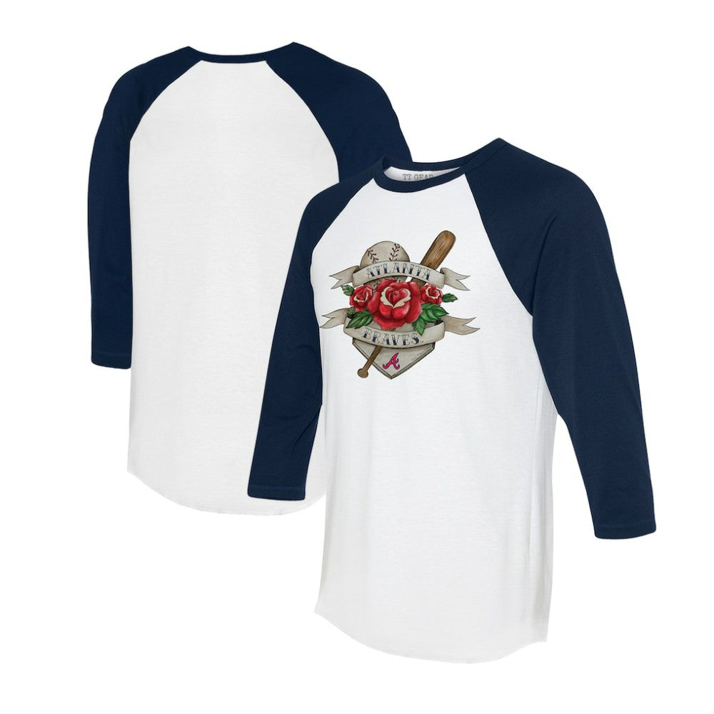Atlanta Braves Tiny Turnip Unisex Tattoo Rose 3/4-Sleeve Raglan T-Shirt - White/Navy - MLB Discount