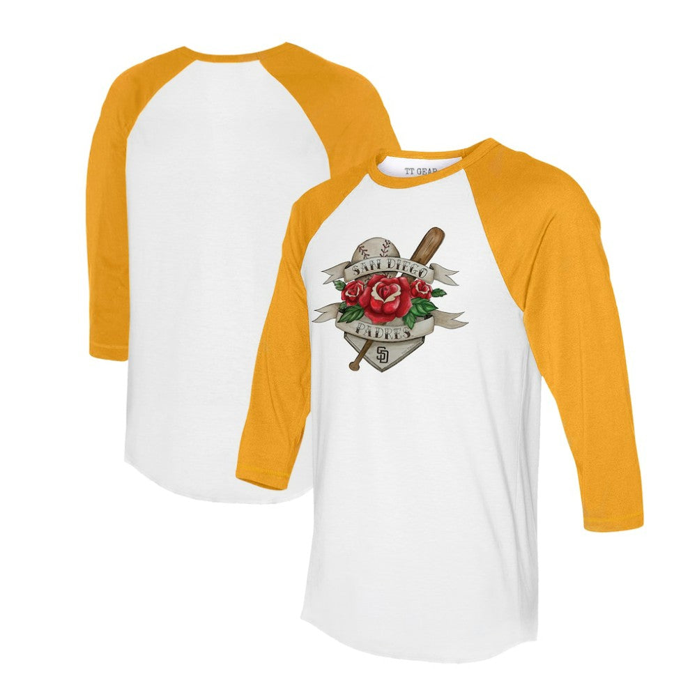 San Diego Padres Tiny Turnip Unisex Tattoo Rose 3/4-Sleeve Raglan T-Shirt - White/Gold - MLB Sale