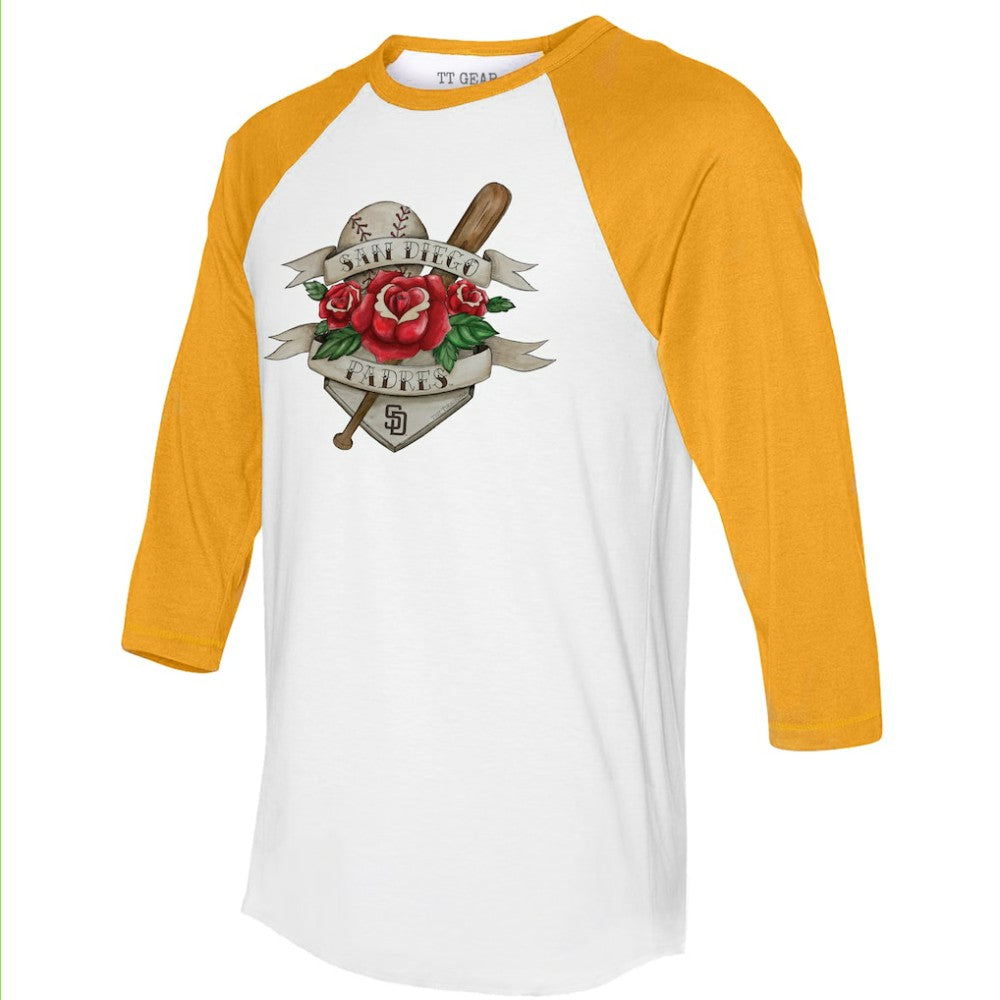 San Diego Padres Tiny Turnip Unisex Tattoo Rose 3/4-Sleeve Raglan T-Shirt - White/Gold - MLB Sale