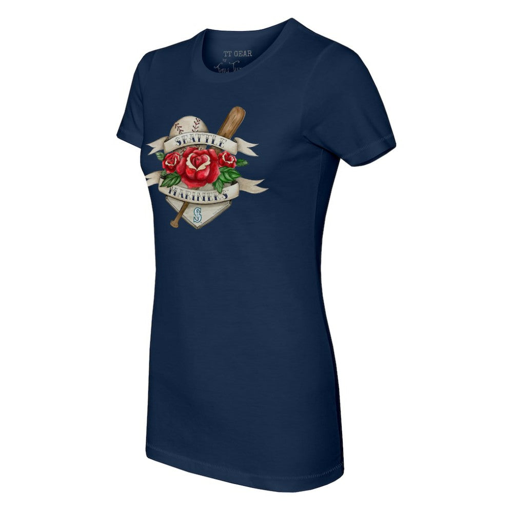 Seattle Mariners Tiny Turnip Women's Tattoo Rose T-Shirt - Navy - MLB on Sale