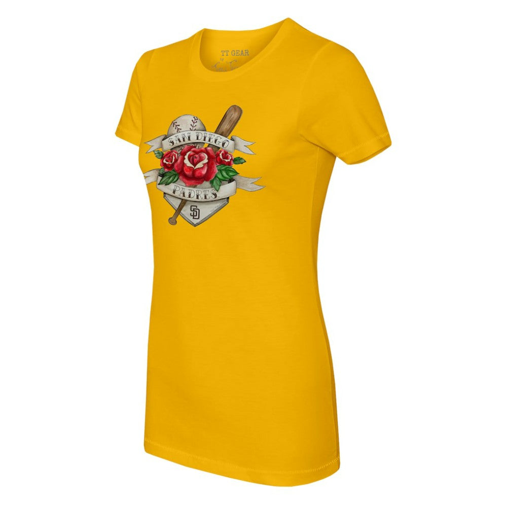 San Diego Padres Tiny Turnip Women's Tattoo Rose T-Shirt - Gold - MLB Lifestyle