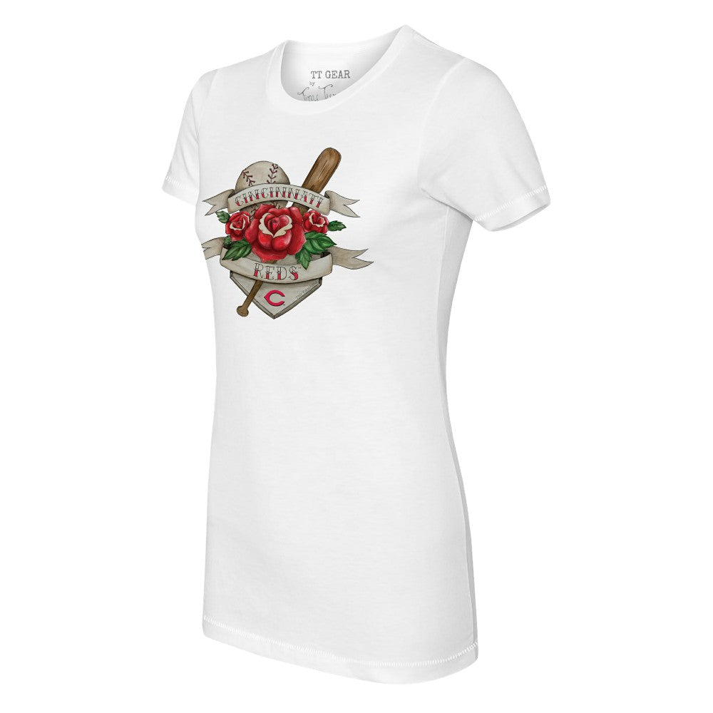 Cincinnati Reds Tiny Turnip Women's Tattoo Rose T-Shirt - White - MLB Lifestyle