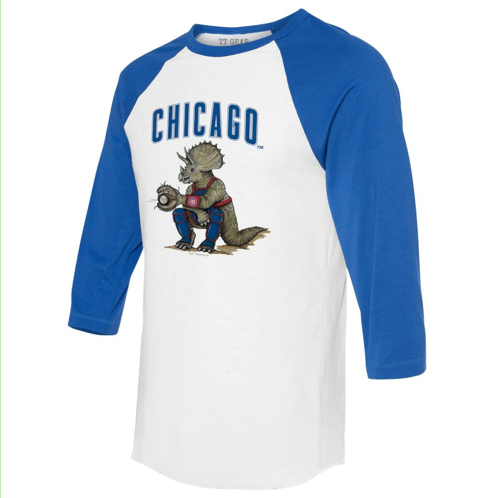 Chicago Cubs Tiny Turnip Unisex Triceratops 3/4-Sleeve Raglan T-Shirt - White/Royal - MLB Discount