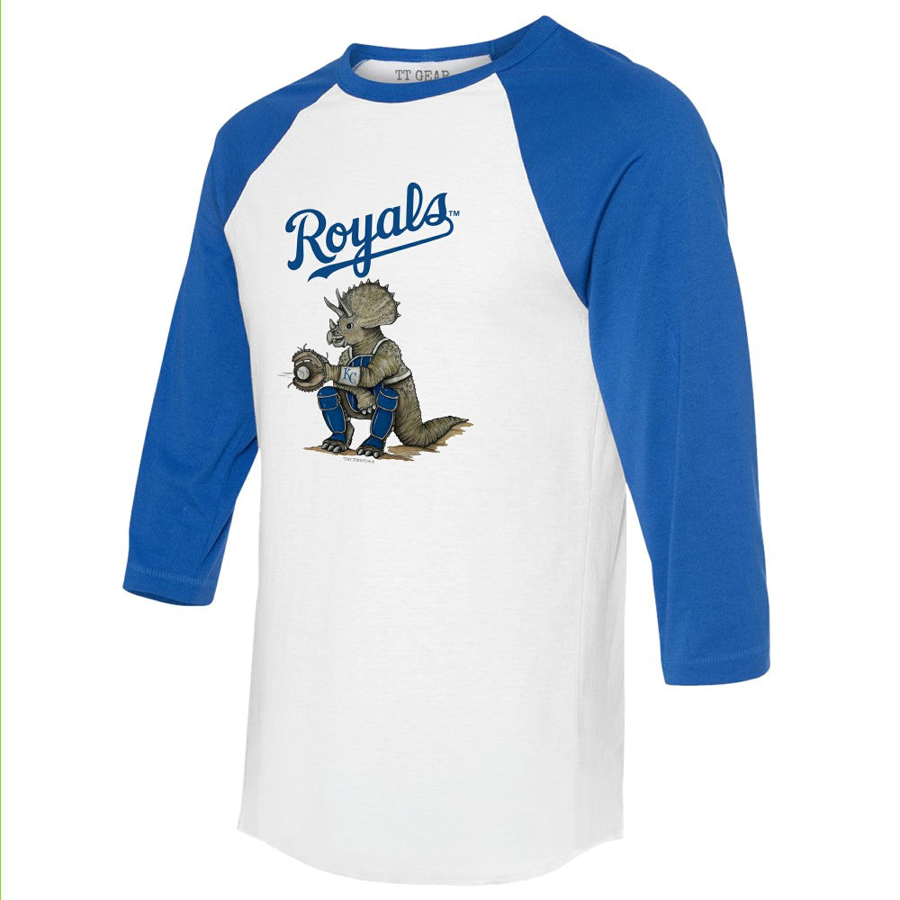 Kansas City Royals Tiny Turnip Unisex Triceratops 3/4-Sleeve Raglan T-Shirt - White/Royal - MLB Lifestyle