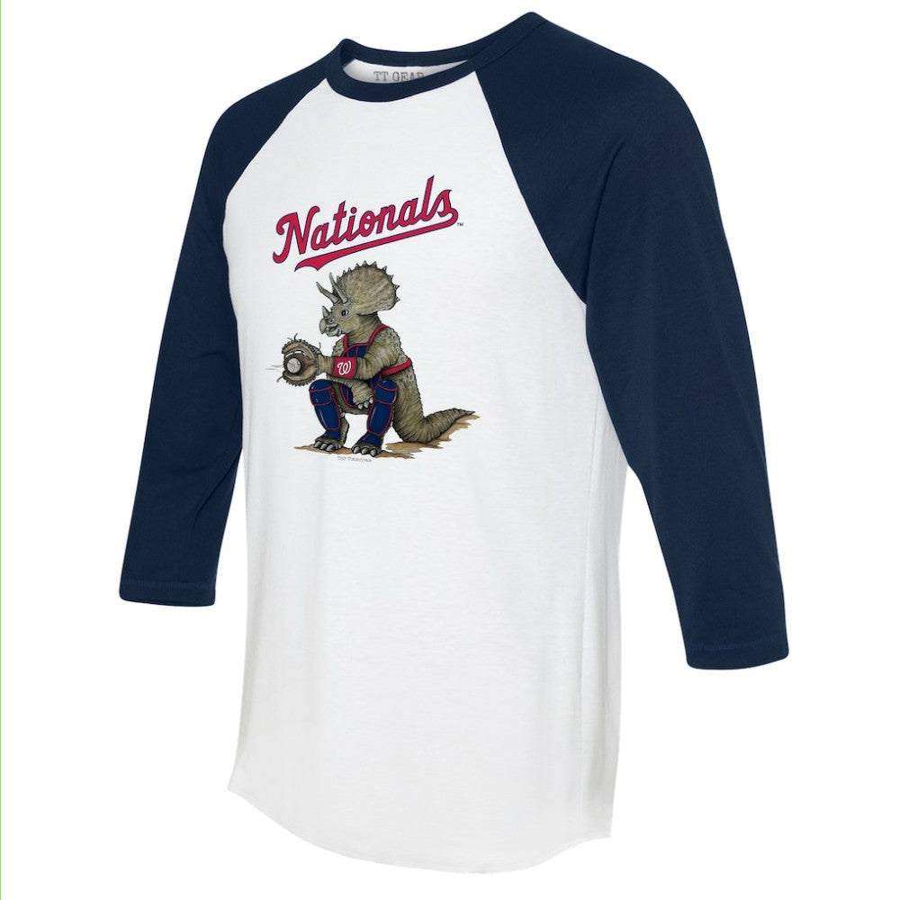 Washington Nationals Tiny Turnip Unisex Triceratops 3/4-Sleeve Raglan T-Shirt - White/Navy - MLB on Sale