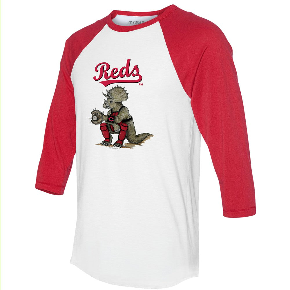 Cincinnati Reds Tiny Turnip Unisex Triceratops 3/4-Sleeve Raglan T-Shirt - White/Red - MLB Lifestyle