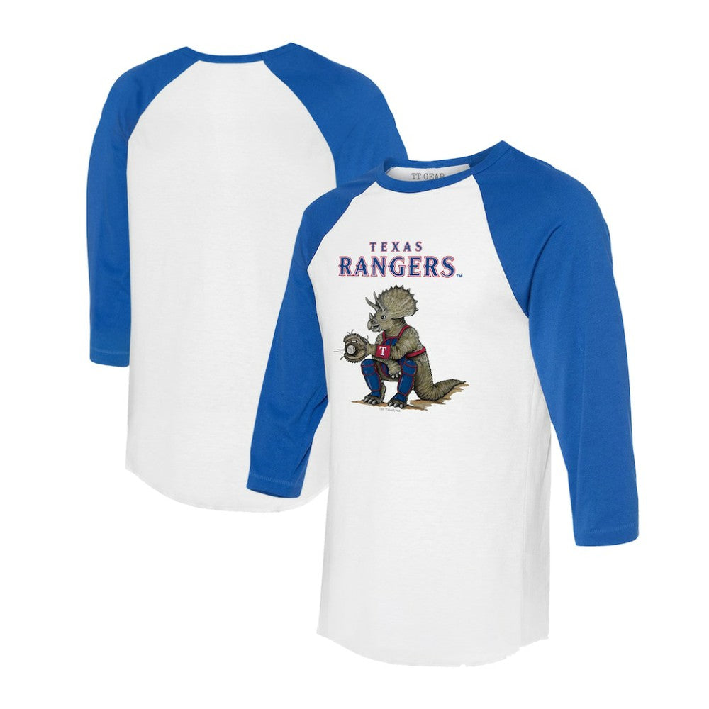 Texas Rangers Tiny Turnip Unisex Triceratops 3/4-Sleeve Raglan T-Shirt - White/Royal - MLB on Sale