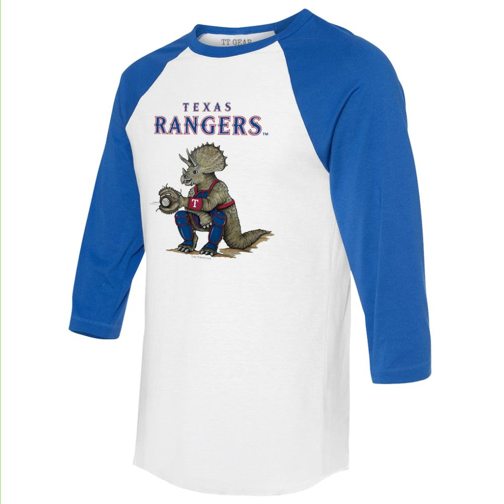 Texas Rangers Tiny Turnip Unisex Triceratops 3/4-Sleeve Raglan T-Shirt - White/Royal - MLB on Sale
