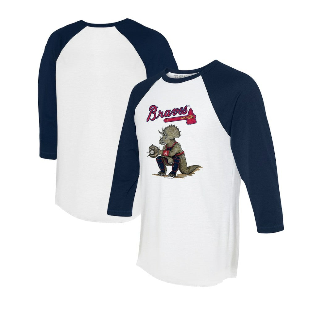 Atlanta Braves Tiny Turnip Unisex Triceratops 3/4-Sleeve Raglan T-Shirt - White/Navy - MLB Lifestyle