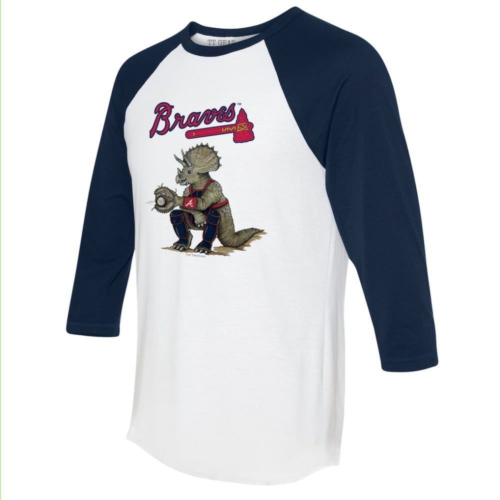 Atlanta Braves Tiny Turnip Unisex Triceratops 3/4-Sleeve Raglan T-Shirt - White/Navy - MLB Lifestyle