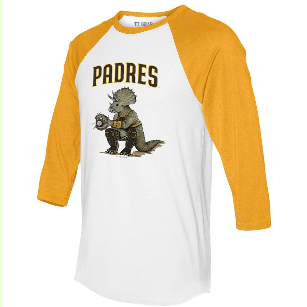 San Diego Padres Tiny Turnip Unisex Triceratops 3/4-Sleeve Raglan T-Shirt - White/Gold - MLB on Sale