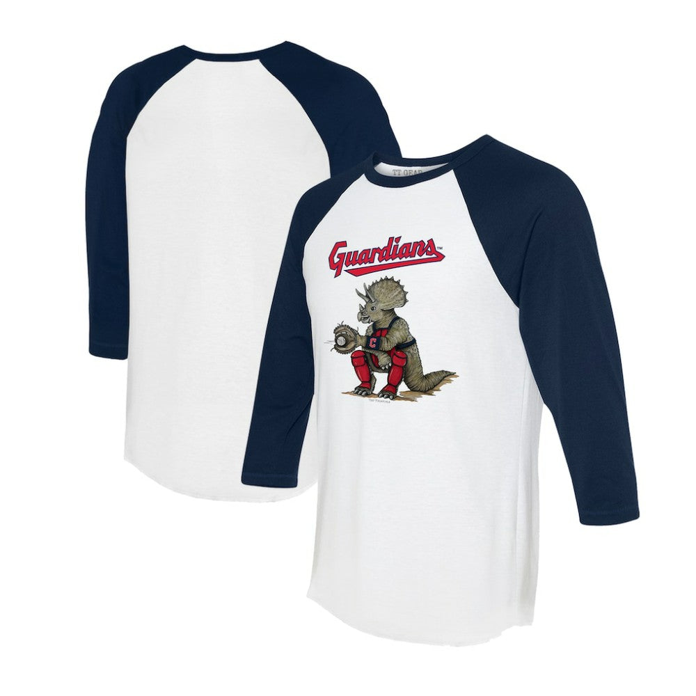 Cleveland Guardians Tiny Turnip Unisex Triceratops 3/4-Sleeve Raglan T-Shirt - White/Navy - MLB on Sale