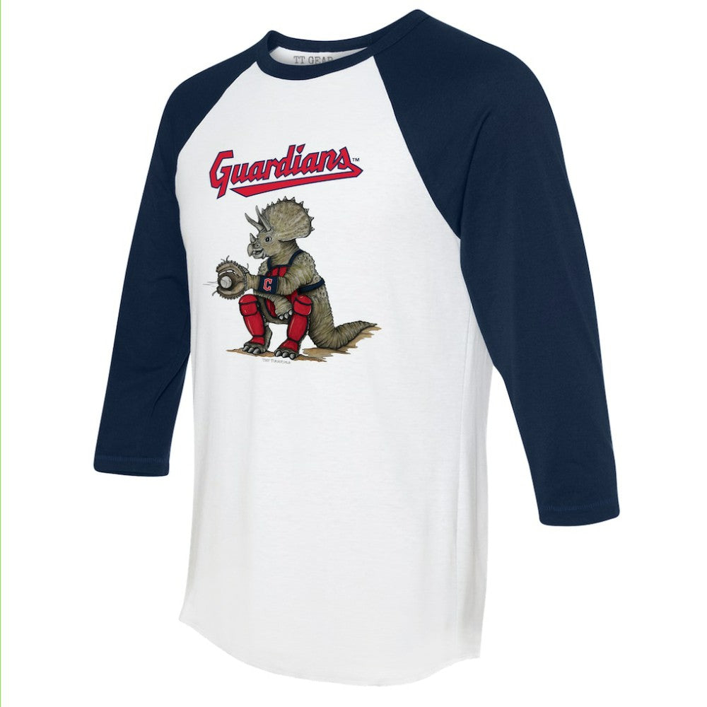 Cleveland Guardians Tiny Turnip Unisex Triceratops 3/4-Sleeve Raglan T-Shirt - White/Navy - MLB on Sale