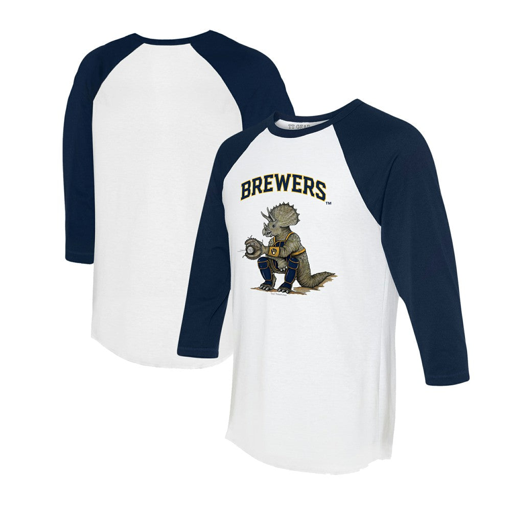 Milwaukee Brewers Tiny Turnip Unisex Triceratops 3/4-Sleeve Raglan T-Shirt - White/Navy - MLB Online