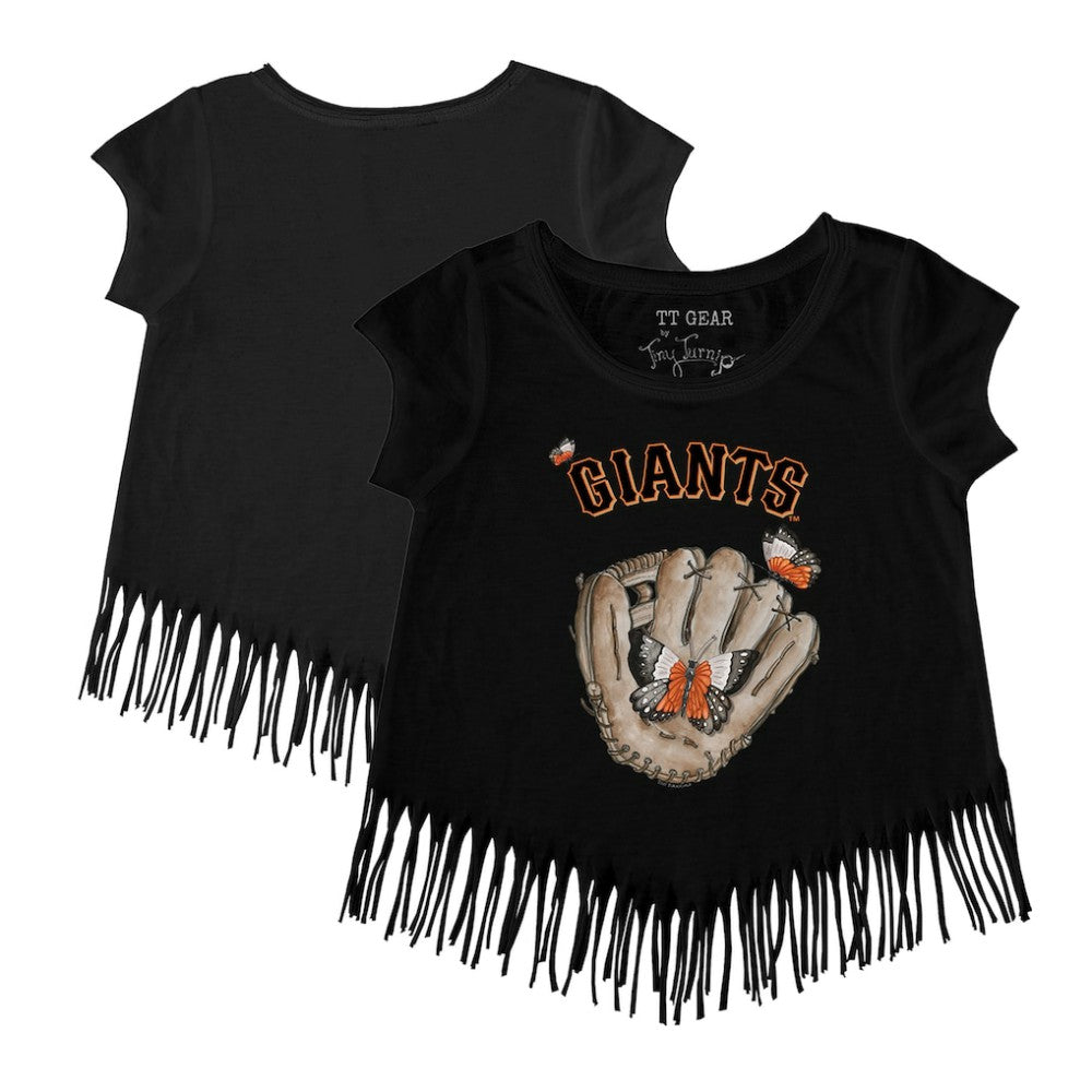 San Francisco Giants Tiny Turnip Girls Youth Butterfly Glove Fringe T-Shirt - Black - MLB on Sale