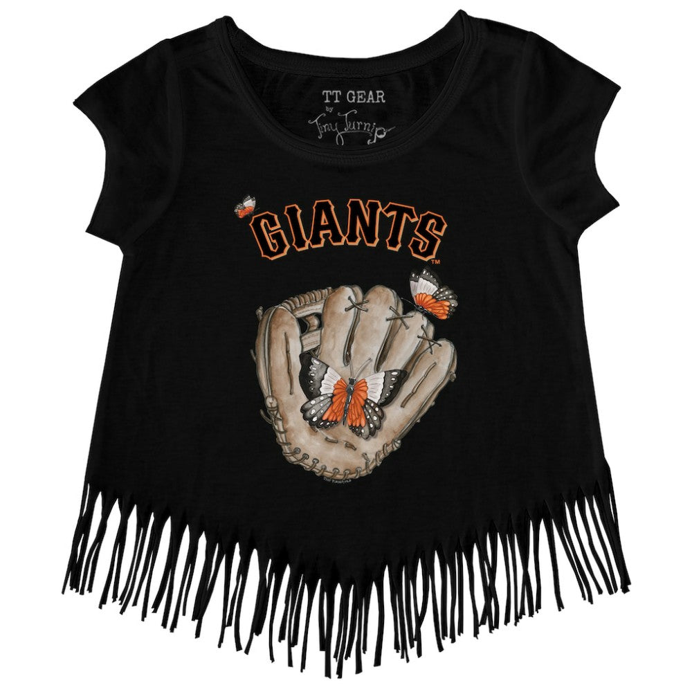 San Francisco Giants Tiny Turnip Girls Youth Butterfly Glove Fringe T-Shirt - Black - MLB on Sale