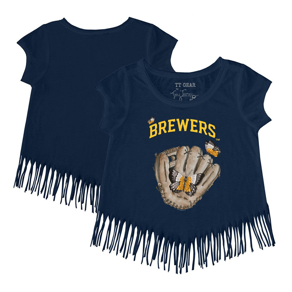 Milwaukee Brewers Tiny Turnip Girls Youth Butterfly Glove Fringe T-Shirt - Navy - MLB on Sale