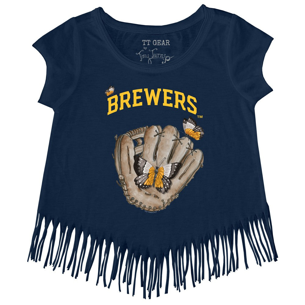 Milwaukee Brewers Tiny Turnip Girls Youth Butterfly Glove Fringe T-Shirt - Navy - MLB on Sale