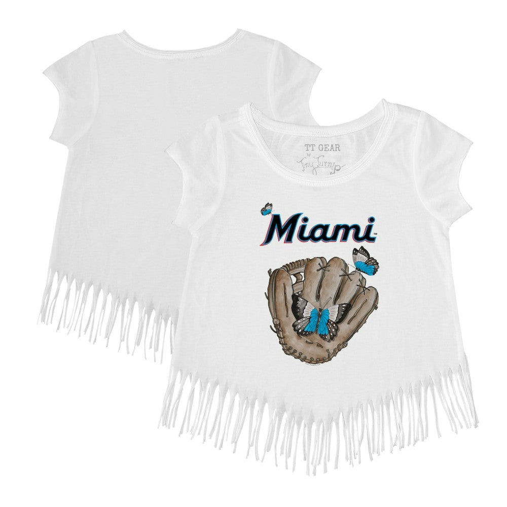Miami Marlins Tiny Turnip Girls Youth Butterfly Glove Fringe T-Shirt - White - MLB on Sale
