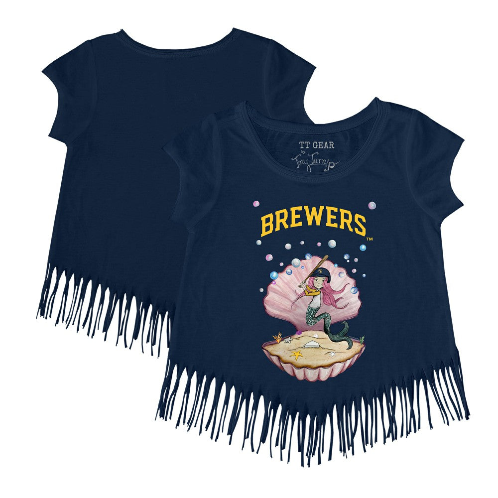 Milwaukee Brewers Tiny Turnip Girls Youth Mermaid Fringe T-Shirt - Navy - MLB Lifestyle