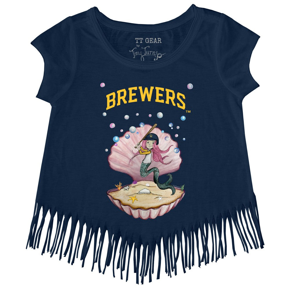 Milwaukee Brewers Tiny Turnip Girls Youth Mermaid Fringe T-Shirt - Navy - MLB Lifestyle