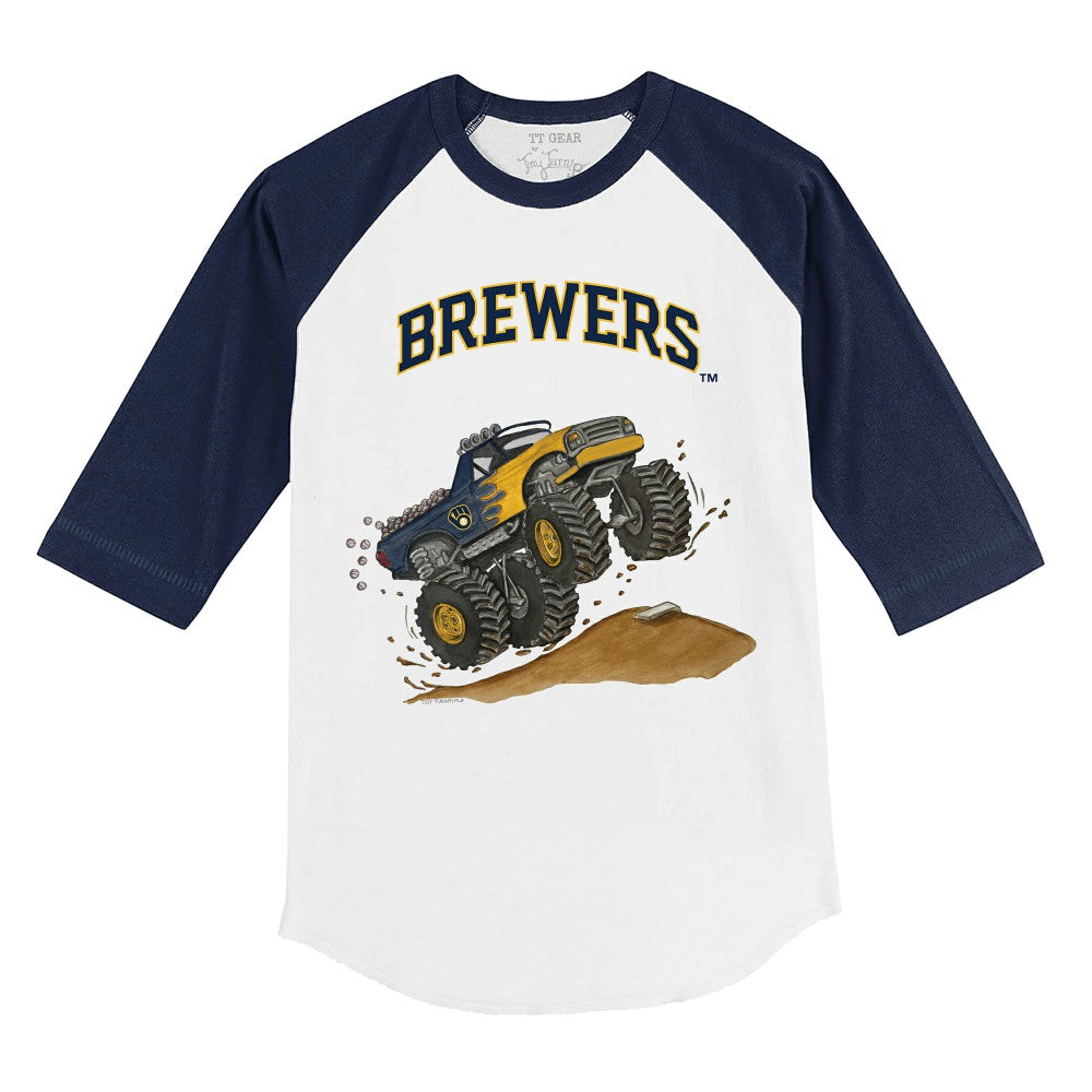 Milwaukee Brewers Tiny Turnip Youth Monster Truck 3/4-Sleeve Raglan T-Shirt - White/Navy - MLB Online