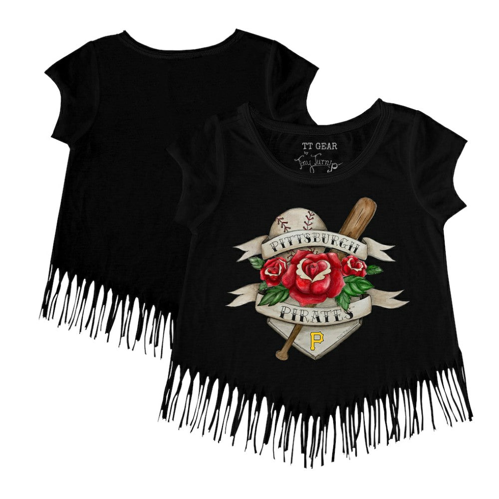 Pittsburgh Pirates Tiny Turnip Girls Youth Tattoo Rose Fringe T-Shirt - Black - MLB Sale