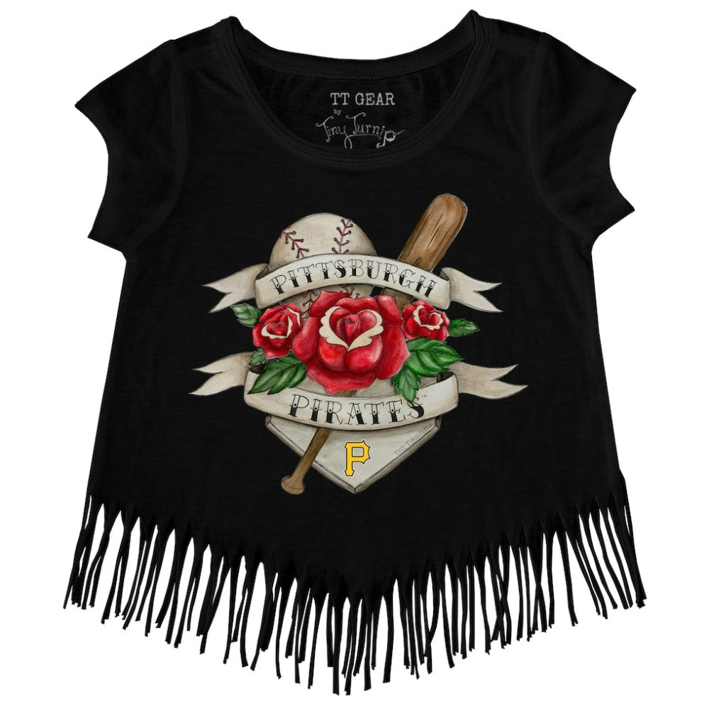 Pittsburgh Pirates Tiny Turnip Girls Youth Tattoo Rose Fringe T-Shirt - Black - MLB Sale