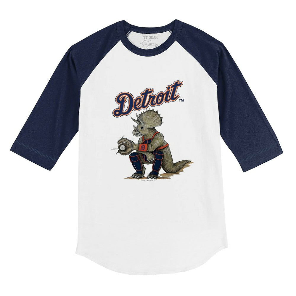 Detroit Tigers Tiny Turnip Youth Triceratops 3/4-Sleeve Raglan T-Shirt - White/Navy - MLB Discount
