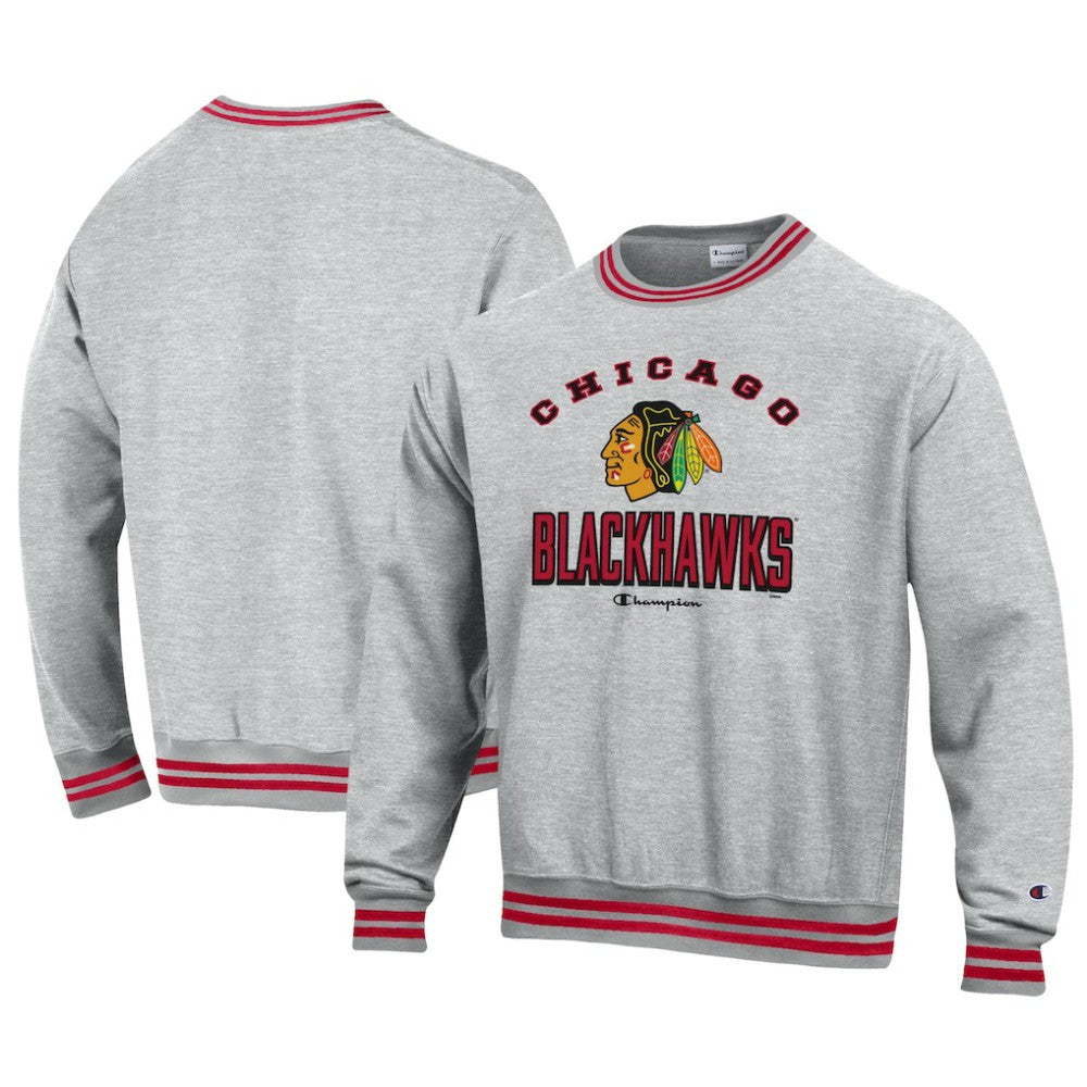 Chicago Blackhawks Champion Reverse Weave Yarn Dye Pullover Sweatshirt - Heather Gray - NHL 201078161