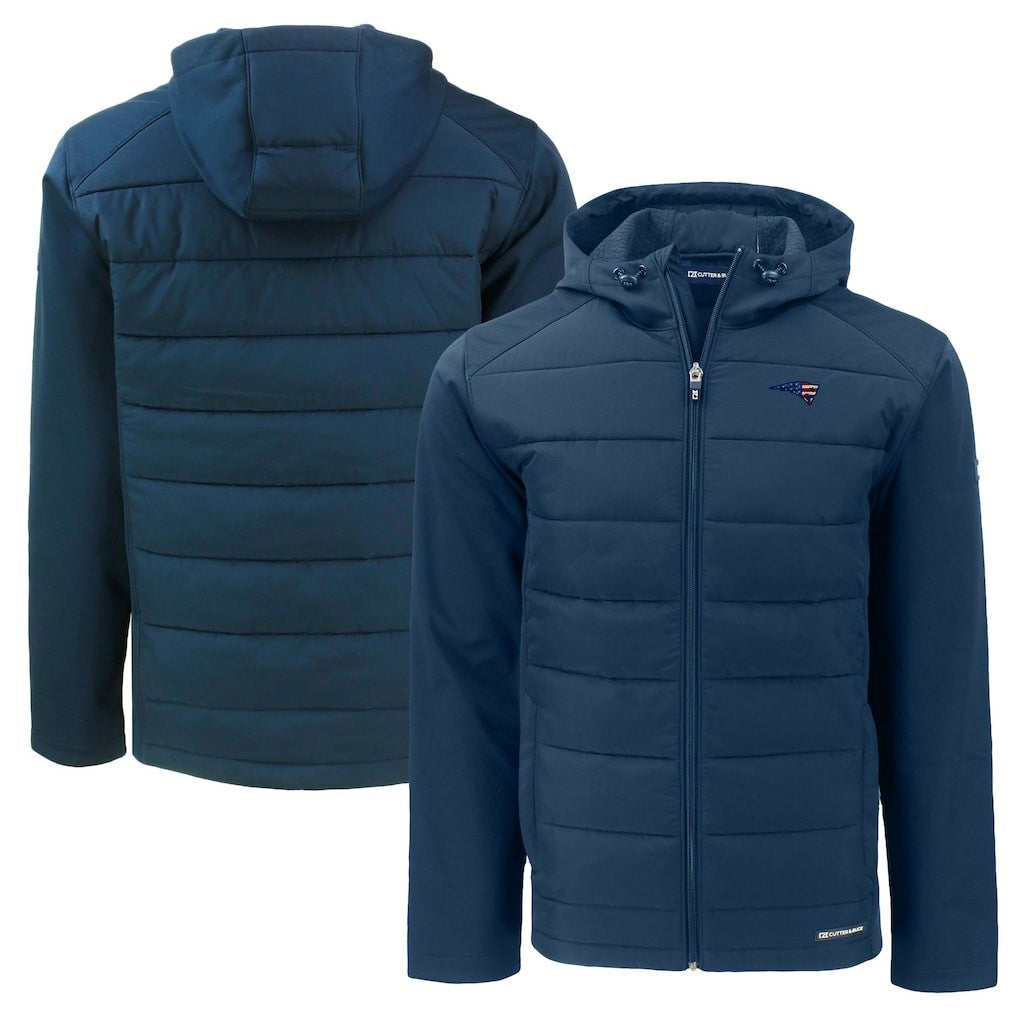 New England Patriots Cutter & Buck Americana Evoke Hybrid Eco Softshell Recycled Full-Zip Hooded Jacket Navy