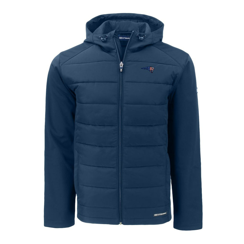 New England Patriots Cutter & Buck Americana Evoke Hybrid Eco Softshell Recycled Full-Zip Hooded Jacket Navy