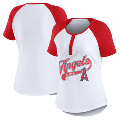 Los Angeles Angels WEAR by Erin Andrews Women's Fitted Henley Raglan T-Shirt - White/Red - MLB on Sale
