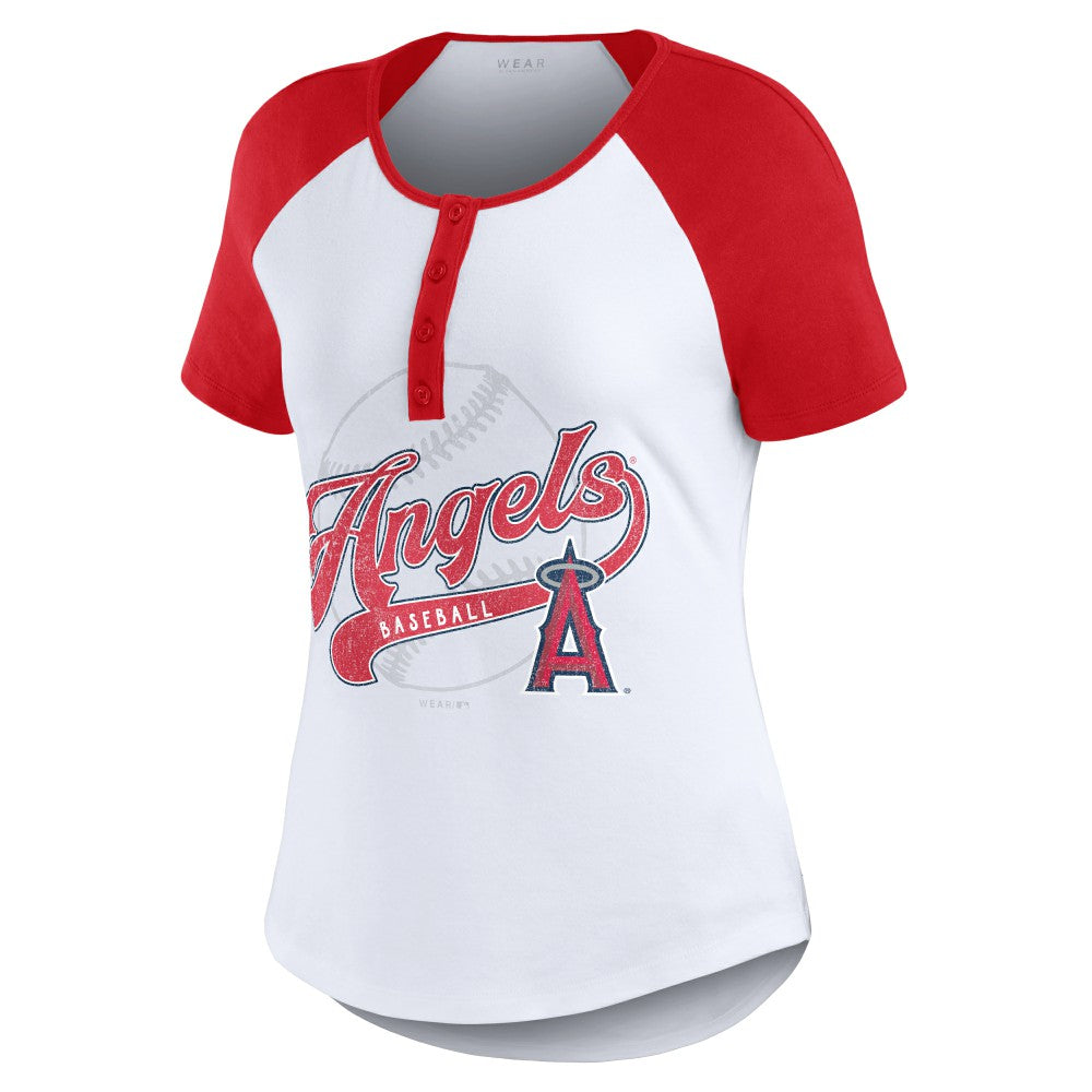 Los Angeles Angels WEAR by Erin Andrews Women's Fitted Henley Raglan T-Shirt - White/Red - MLB on Sale