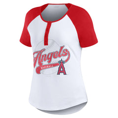 Los Angeles Angels WEAR by Erin Andrews Women's Fitted Henley Raglan T-Shirt - White/Red - MLB on Sale
