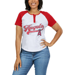 Los Angeles Angels WEAR by Erin Andrews Women's Fitted Henley Raglan T-Shirt - White/Red - MLB on Sale