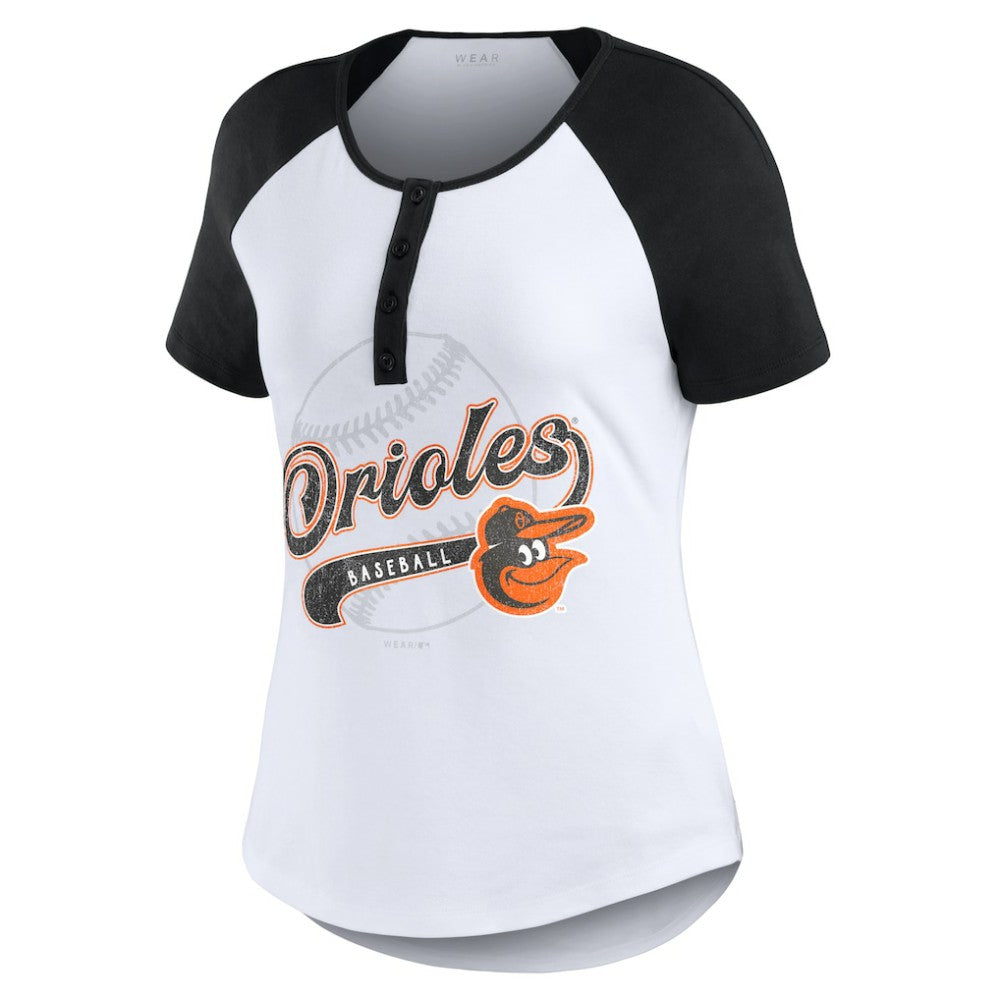 Baltimore Orioles WEAR by Erin Andrews Women's Fitted Henley Raglan T-Shirt - White/Black - MLB Discount