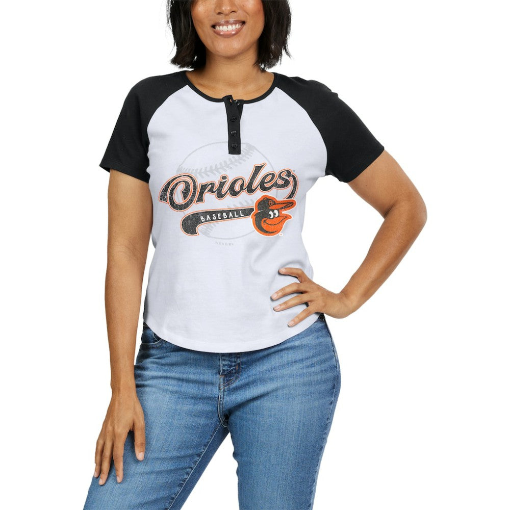 Baltimore Orioles WEAR by Erin Andrews Women's Fitted Henley Raglan T-Shirt - White/Black - MLB Discount