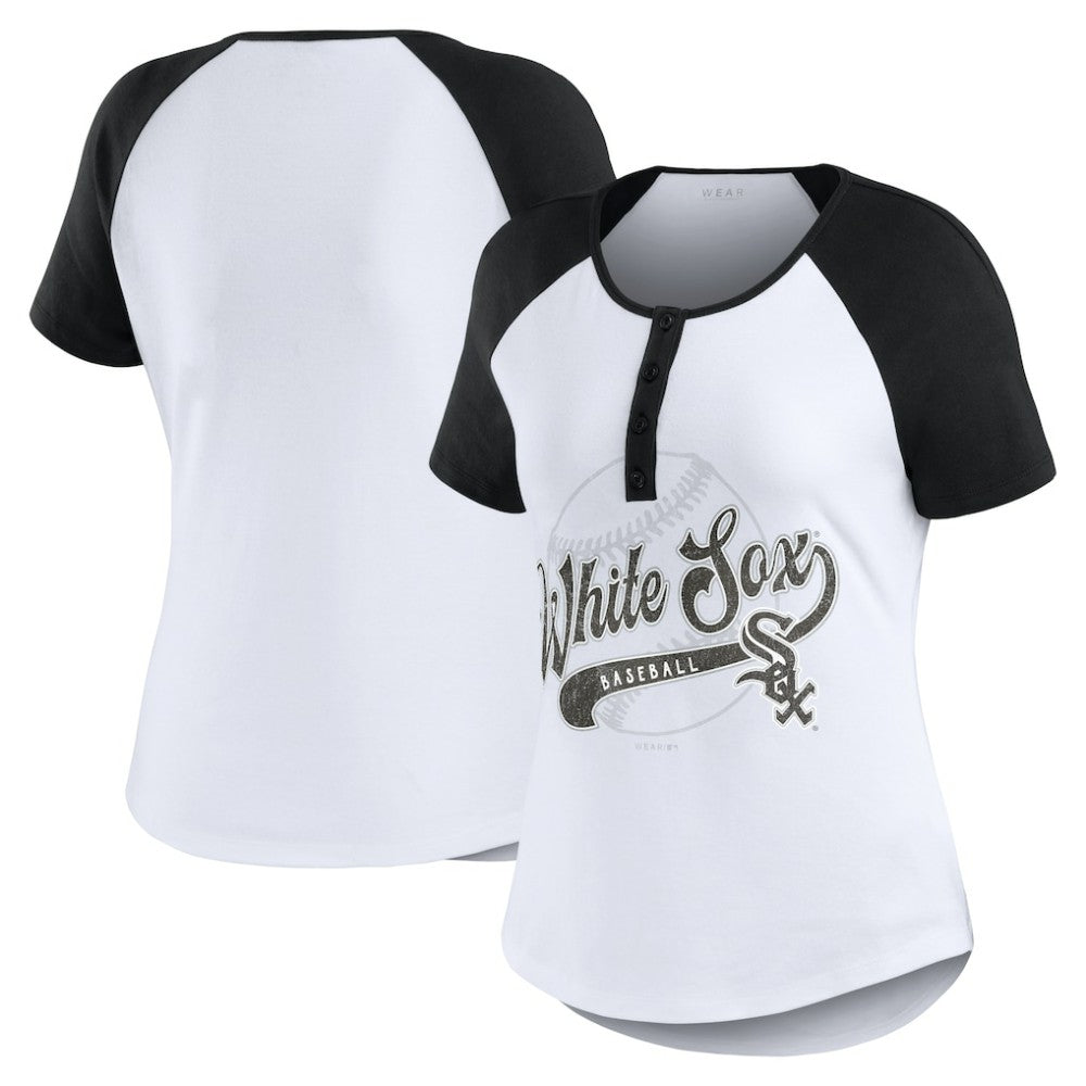 Chicago White Sox WEAR by Erin Andrews Women's Fitted Henley Raglan T-Shirt - White/Black - MLB Lifestyle