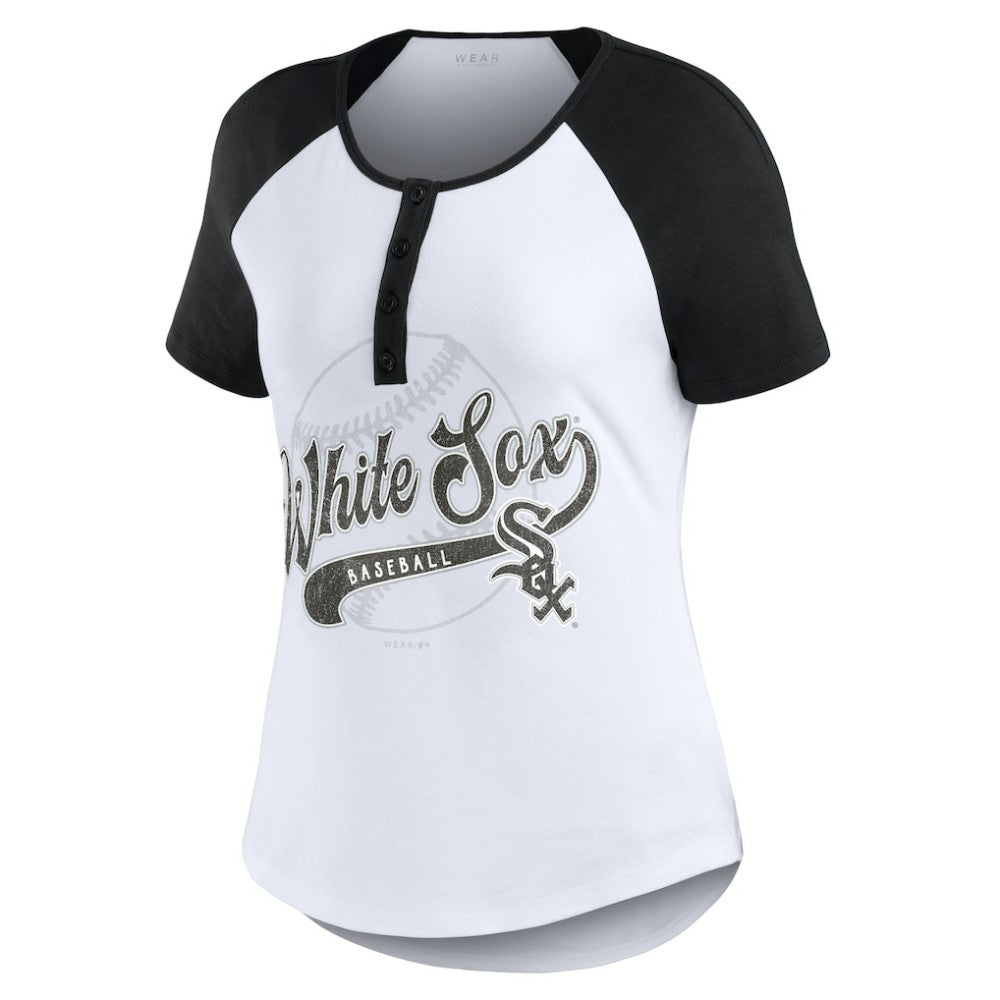 Chicago White Sox WEAR by Erin Andrews Women's Fitted Henley Raglan T-Shirt - White/Black - MLB Lifestyle