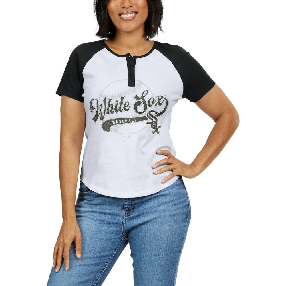 Chicago White Sox WEAR by Erin Andrews Women's Fitted Henley Raglan T-Shirt - White/Black - MLB Lifestyle