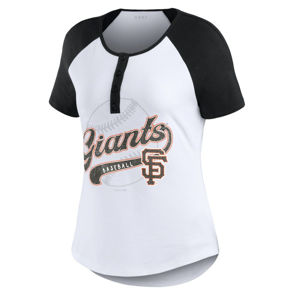 San Francisco Giants WEAR by Erin Andrews Women's Fitted Henley Raglan T-Shirt - White/Black - MLB Lifestyle