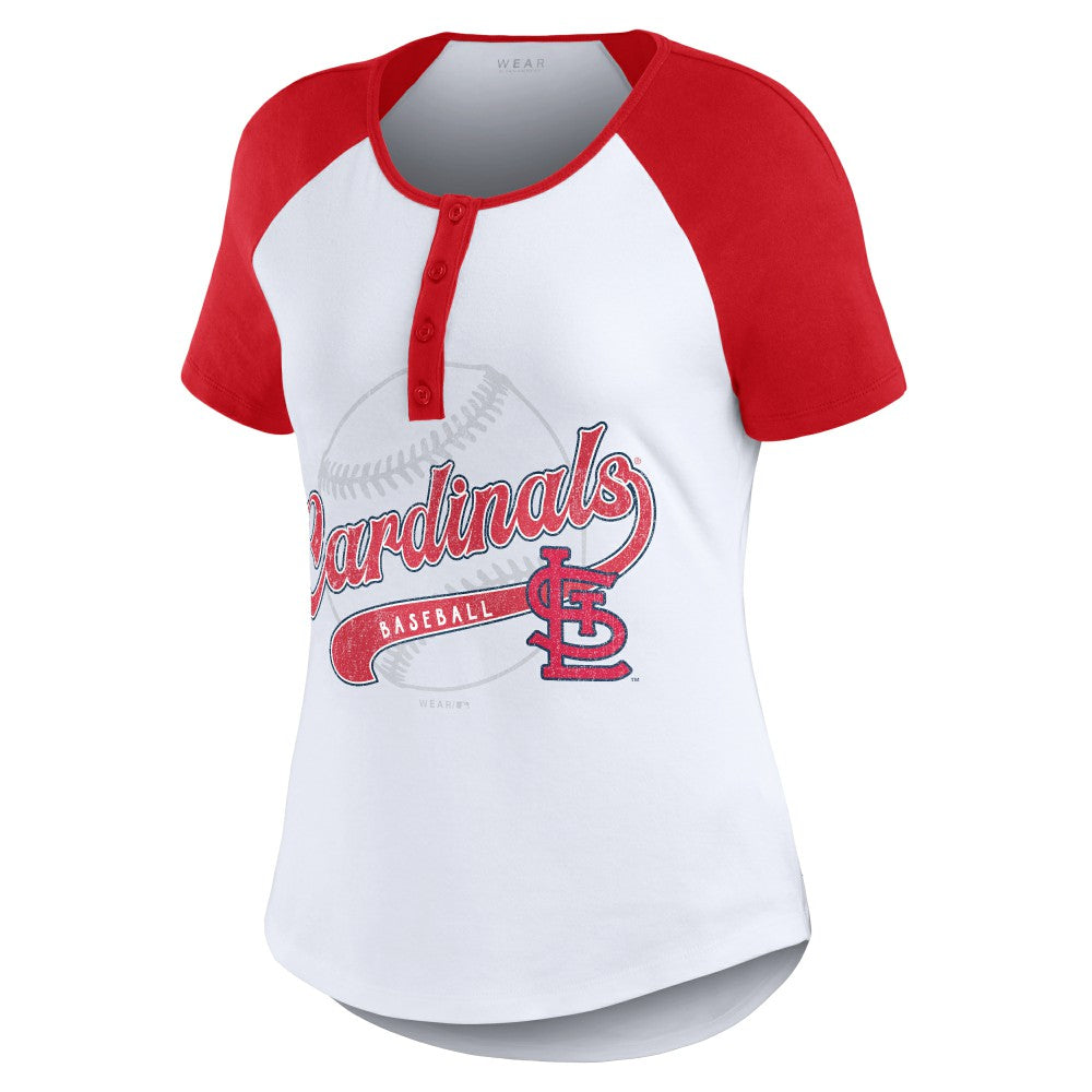 St. Louis Cardinals WEAR by Erin Andrews Women's Fitted Henley Raglan T-Shirt - White/Red - MLB Discount