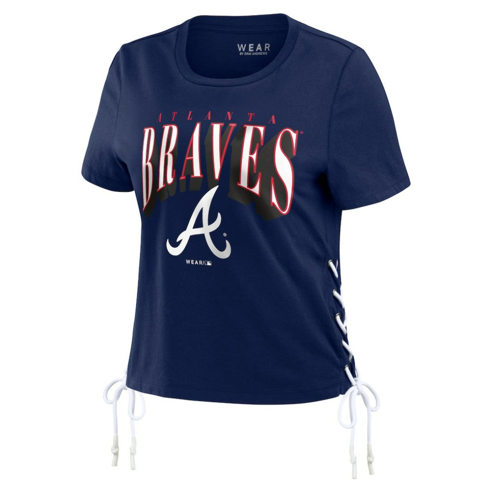Atlanta Braves WEAR by Erin Andrews Women's Side Lace-Up Cropped T-Shirt - Navy - MLB Lifestyle